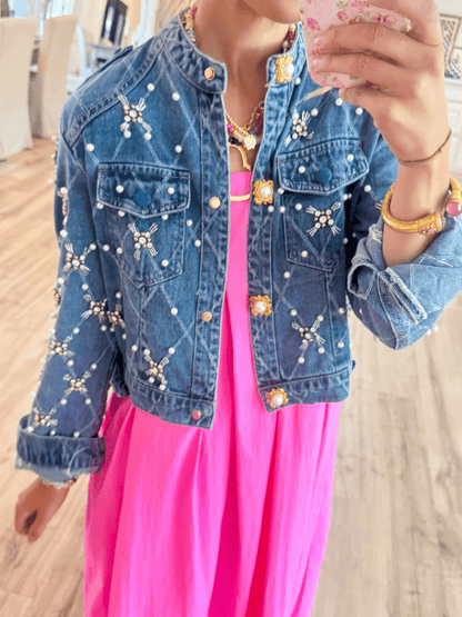 Pearl And Rhinestone Embellished Denim Jacket - laseze
