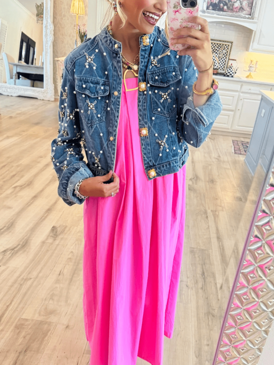Pearl And Rhinestone Embellished Denim Jacket - laseze