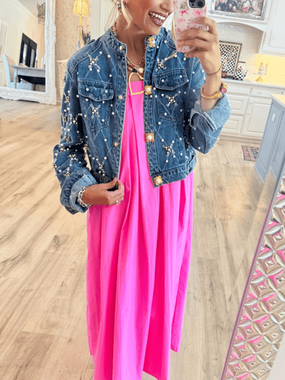 Pearl And Rhinestone Embellished Denim Jacket - laseze