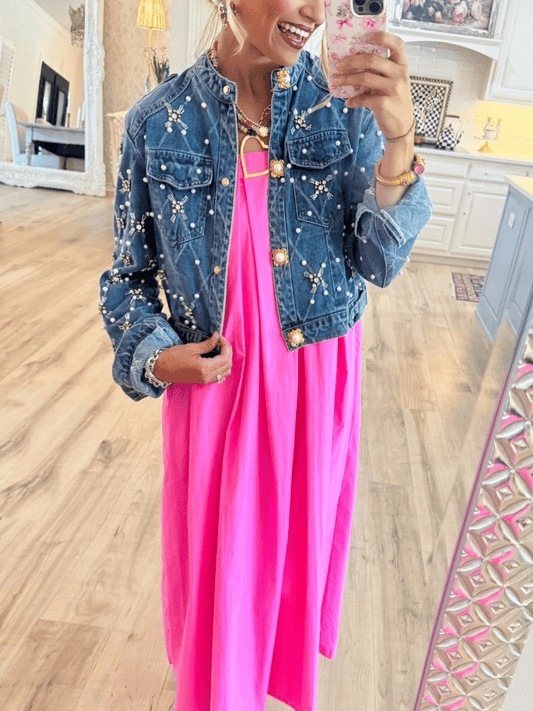 Pearl And Rhinestone Embellished Denim Jacket - laseze
