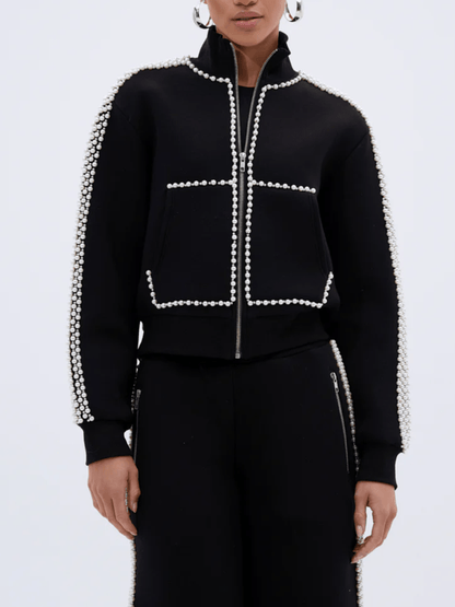 Pearl-Embellished Zip-Up Sweatshirt laseze