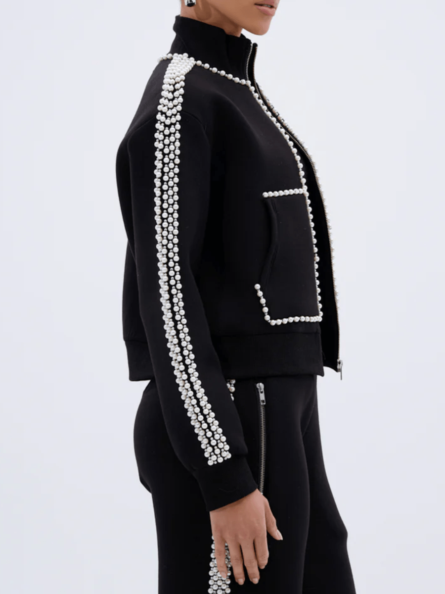 Pearl-Embellished Zip-Up Sweatshirt laseze