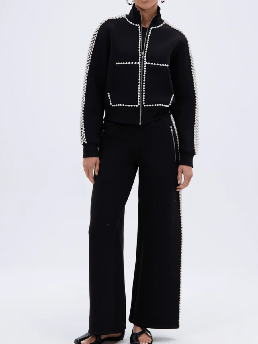 Pearl-Embellished Zip-Up Sweatshirt laseze