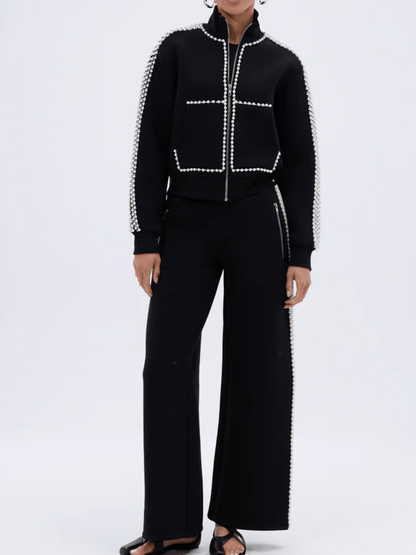 Pearl-Embellished Zip-Up Sweatshirt laseze