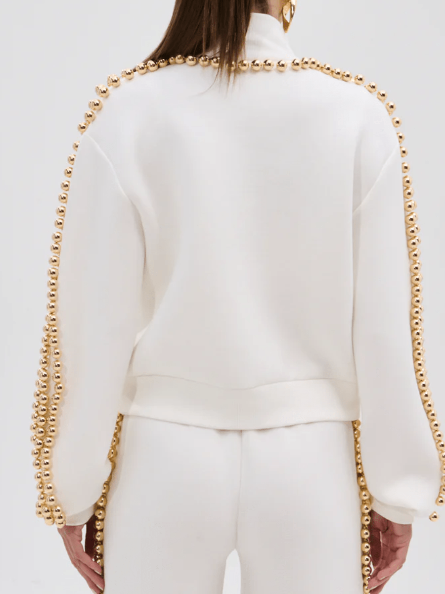 Pearl-Embellished Zip-Up Sweatshirt laseze