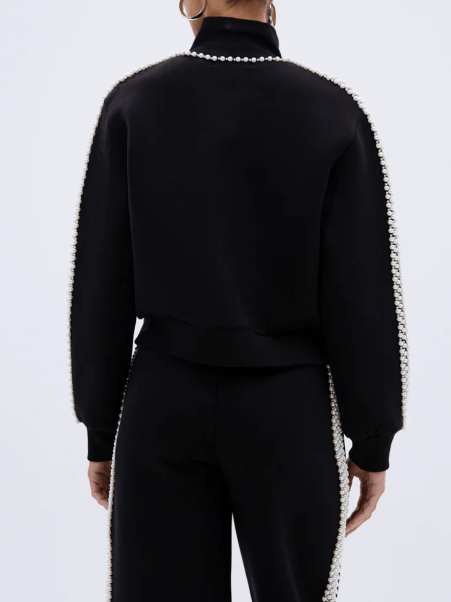 Pearl-Embellished Zip-Up Sweatshirt laseze