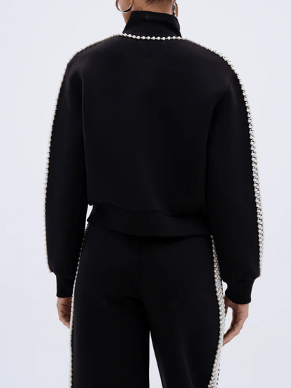 Pearl-Embellished Zip-Up Sweatshirt laseze
