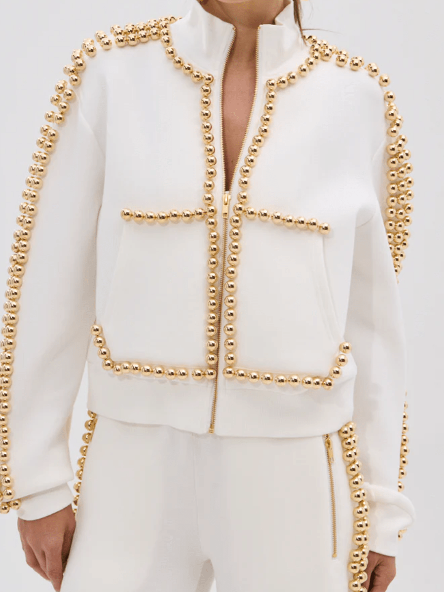 Pearl-Embellished Zip-Up Sweatshirt laseze