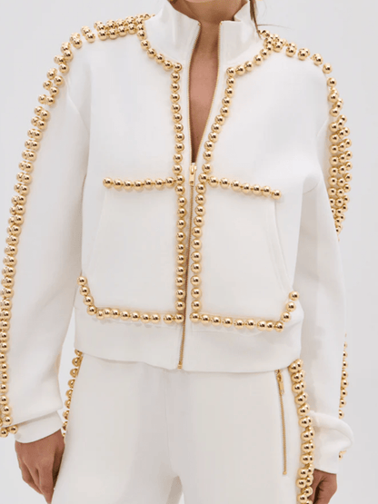 Pearl-Embellished Zip-Up Sweatshirt laseze