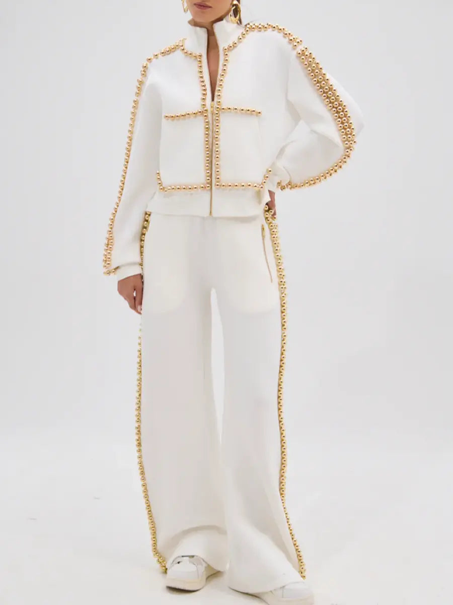 Pearl & Gold Embellished Tracksuit Sets laseze