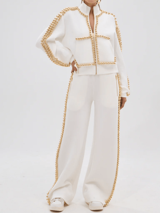 Pearl & Gold Embellished Tracksuit Sets laseze