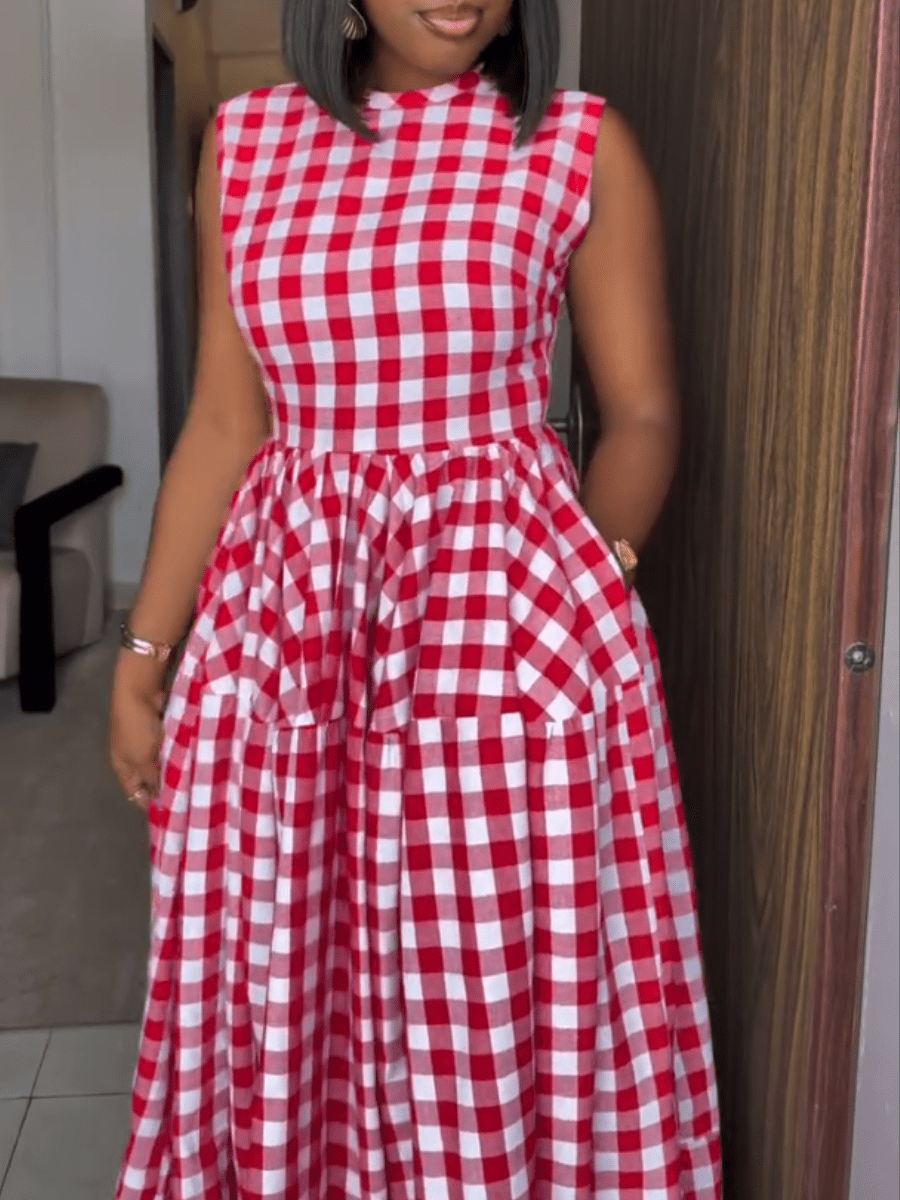 Picnic Perfect | Red Gingham Sleeveless Tiered Maxi Dress - laseze