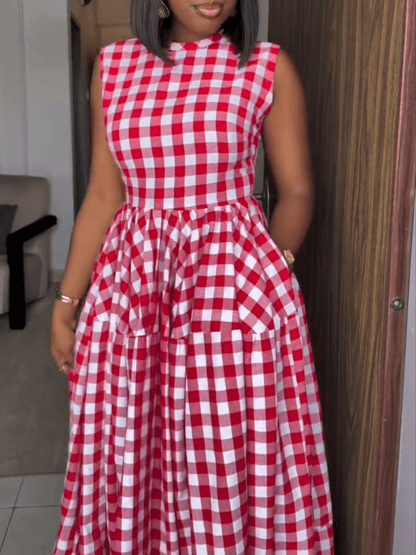 Picnic Perfect | Red Gingham Sleeveless Tiered Maxi Dress - laseze