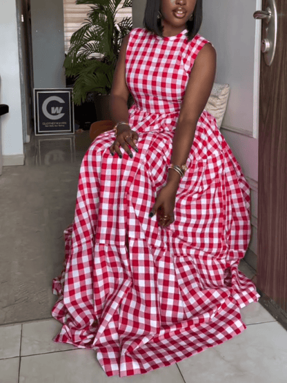 Picnic Perfect | Red Gingham Sleeveless Tiered Maxi Dress - laseze