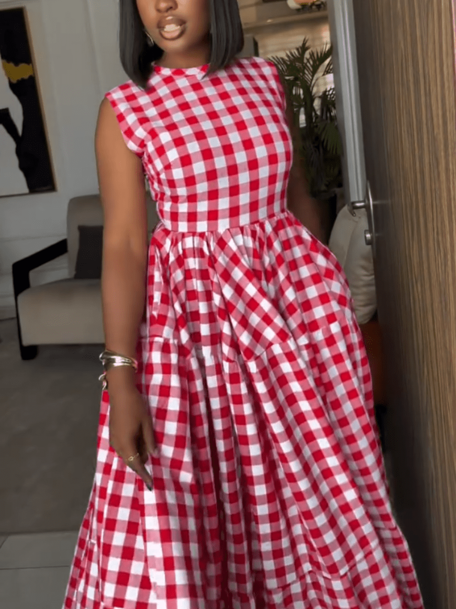 Picnic Perfect | Red Gingham Sleeveless Tiered Maxi Dress - laseze