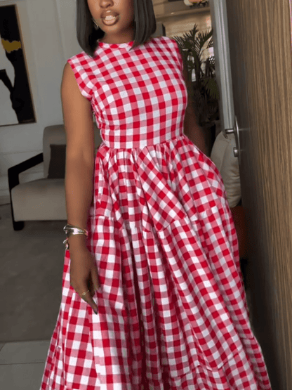 Picnic Perfect | Red Gingham Sleeveless Tiered Maxi Dress - laseze