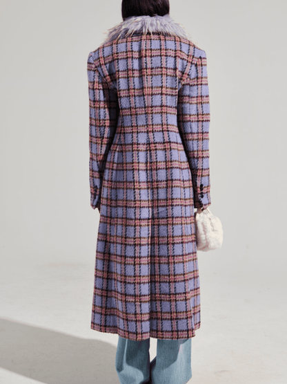 Plaid Plush Collar Long Coat - laseze