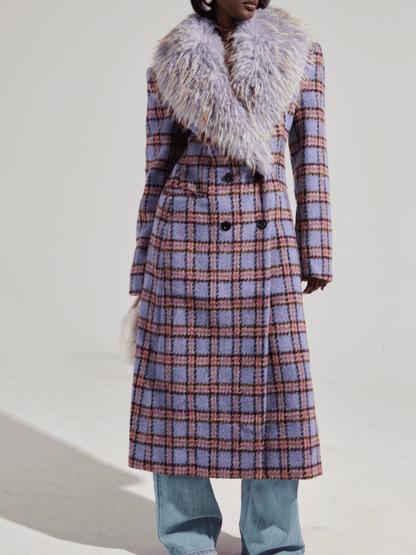 Plaid Plush Collar Long Coat - laseze