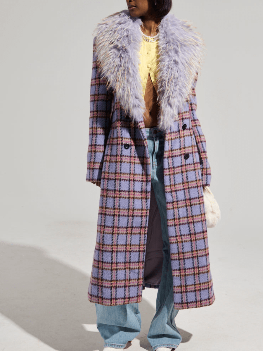 Plaid Plush Collar Long Coat - laseze