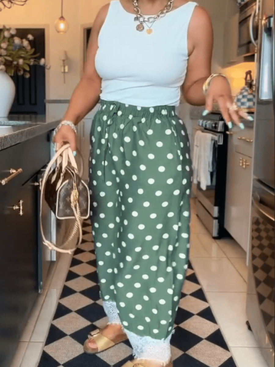 Playful Elegance | Olive Polka Dot Wide-Leg Pants With Lace Trim - laseze