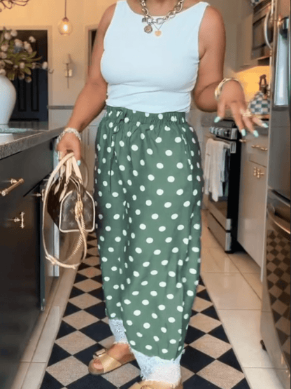 Playful Elegance | Olive Polka Dot Wide-Leg Pants With Lace Trim - laseze