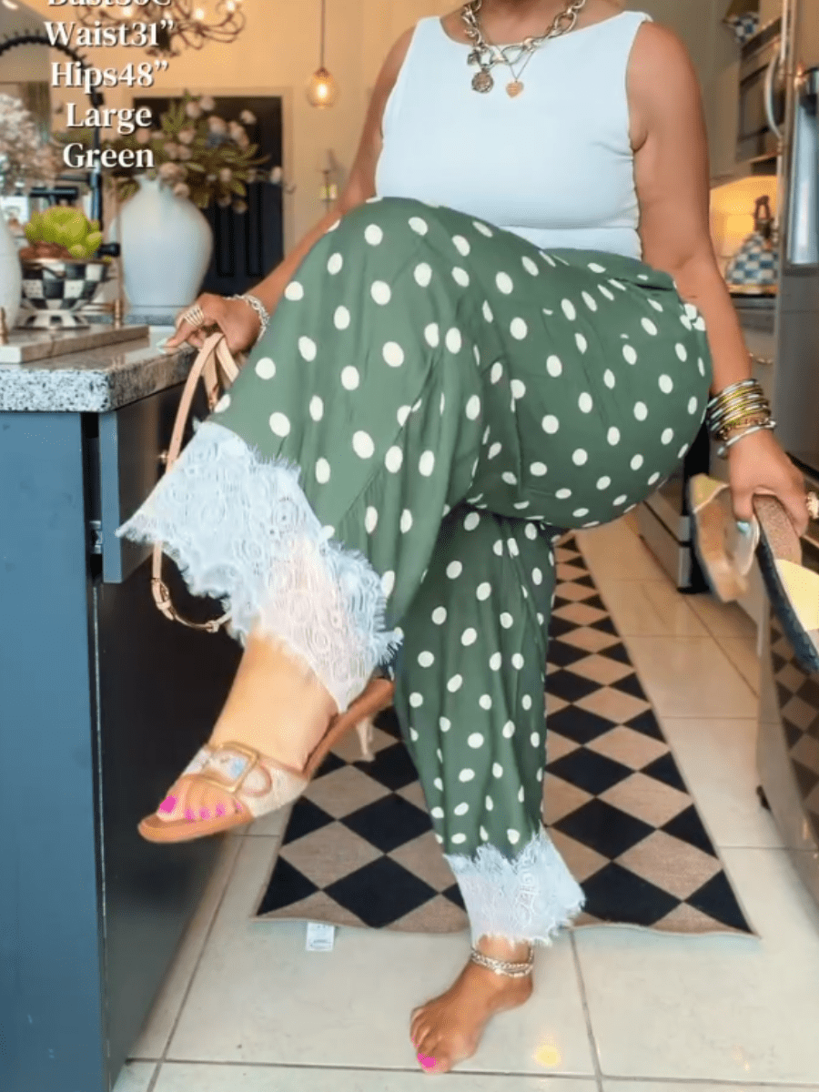 Playful Elegance | Olive Polka Dot Wide-Leg Pants With Lace Trim - laseze