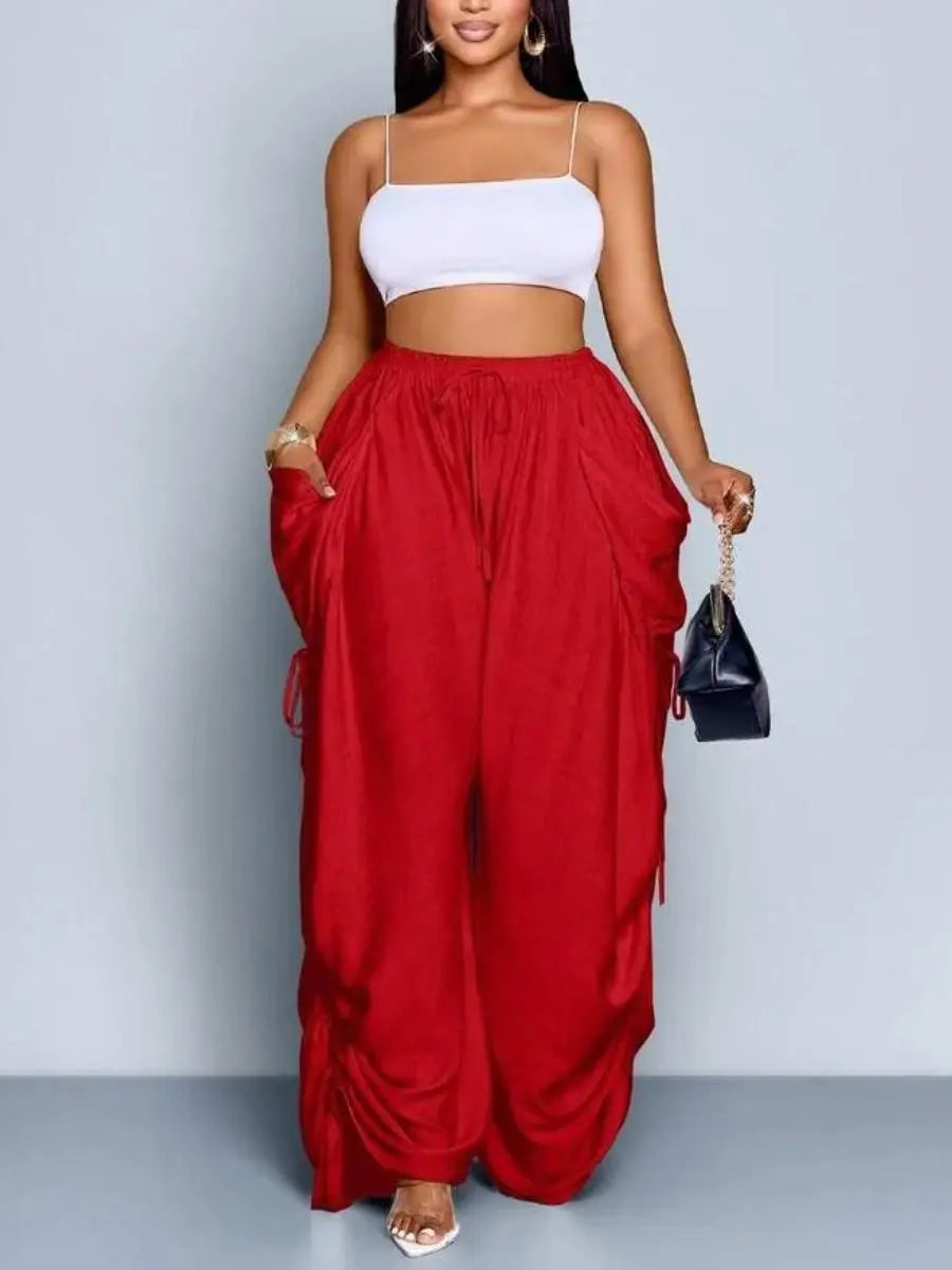 Plus Size Women Solid Color Casual Loose Pocket Drawstring Pants laseze
