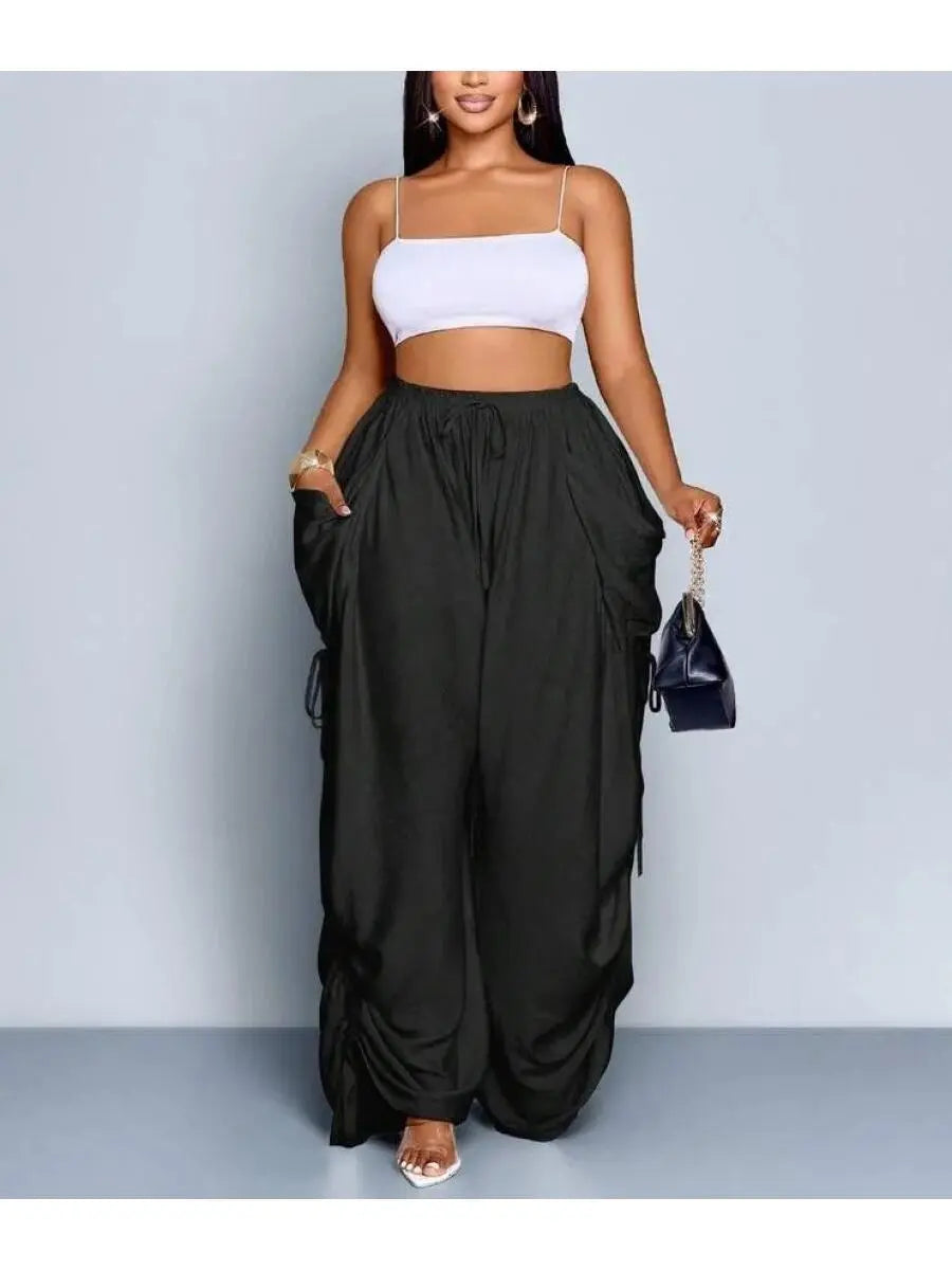 Plus Size Women Solid Color Casual Loose Pocket Drawstring Pants laseze