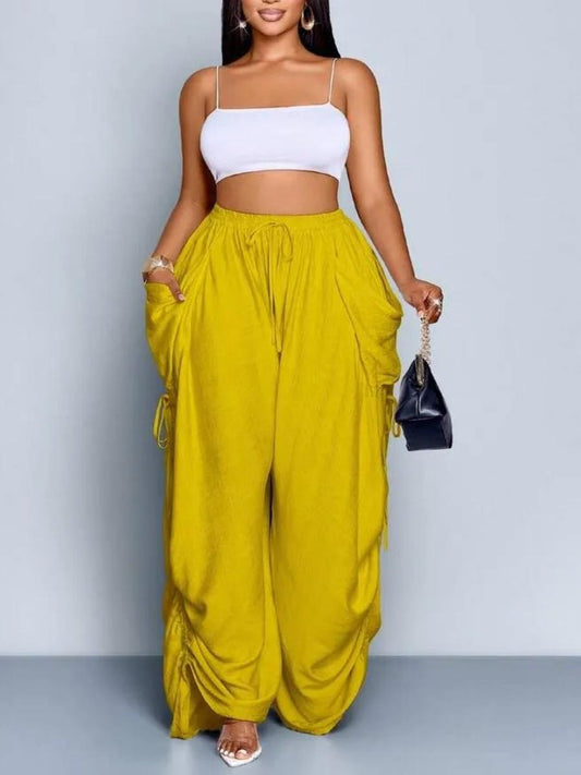 Plus Size Women Solid Color Casual Loose Pocket Drawstring Pants laseze