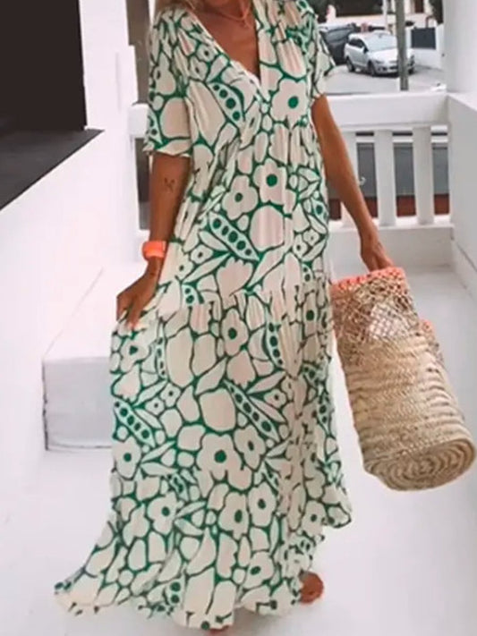 Printed Short - Sleeve V - Neck Dress - laseze