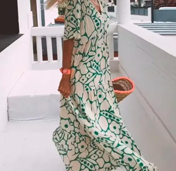 Printed Short - Sleeve V - Neck Dress - laseze