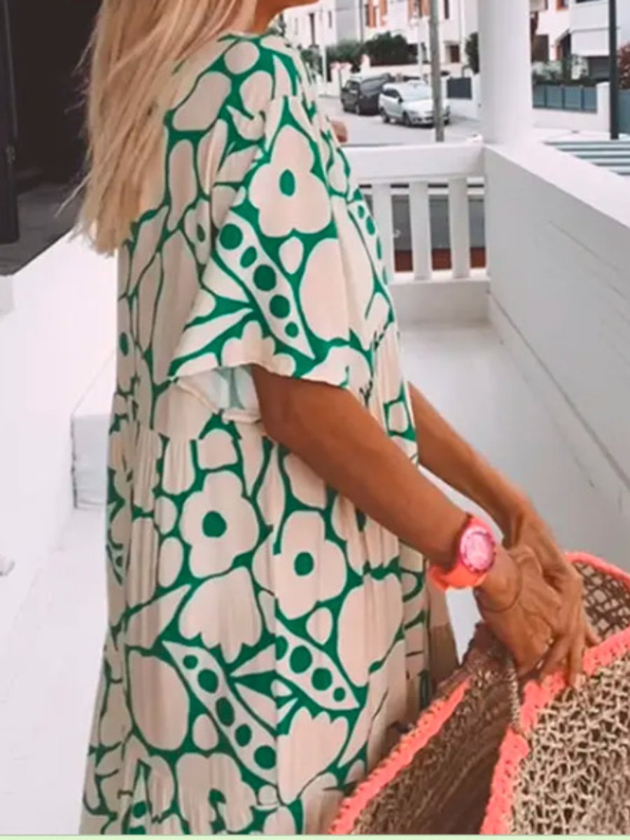 Printed Short - Sleeve V - Neck Dress - laseze