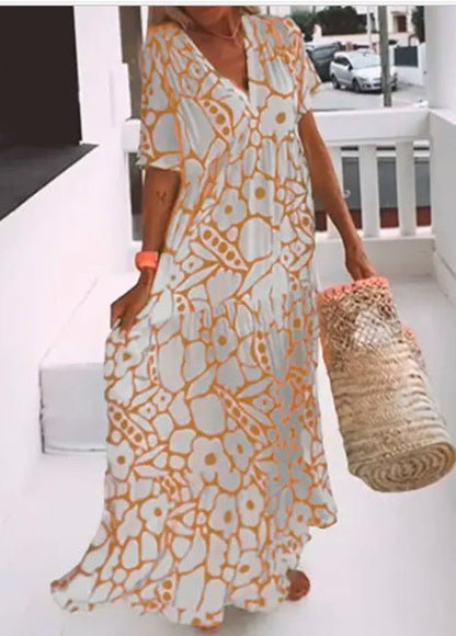 Printed Short - Sleeve V - Neck Dress - laseze