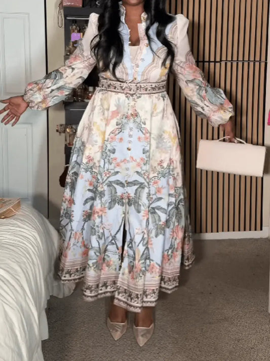 Printed Stand Collar Button Dress - laseze