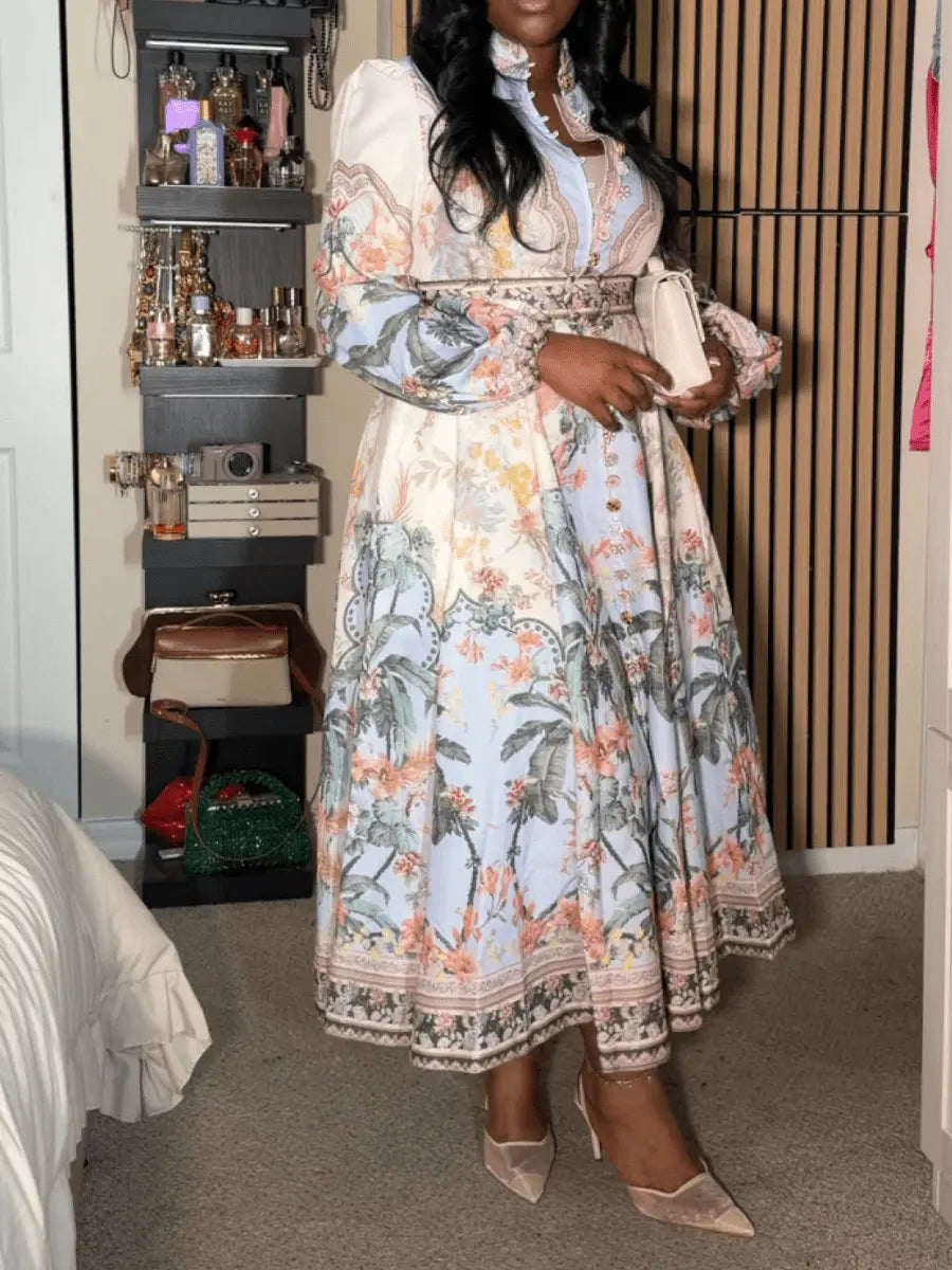 Printed Stand Collar Button Dress - laseze