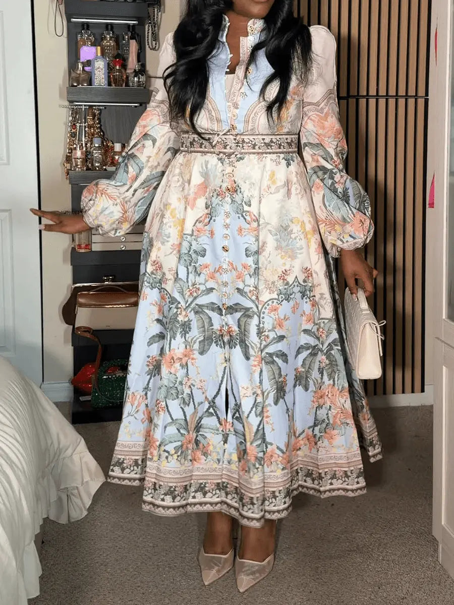 Printed Stand Collar Button Dress - laseze