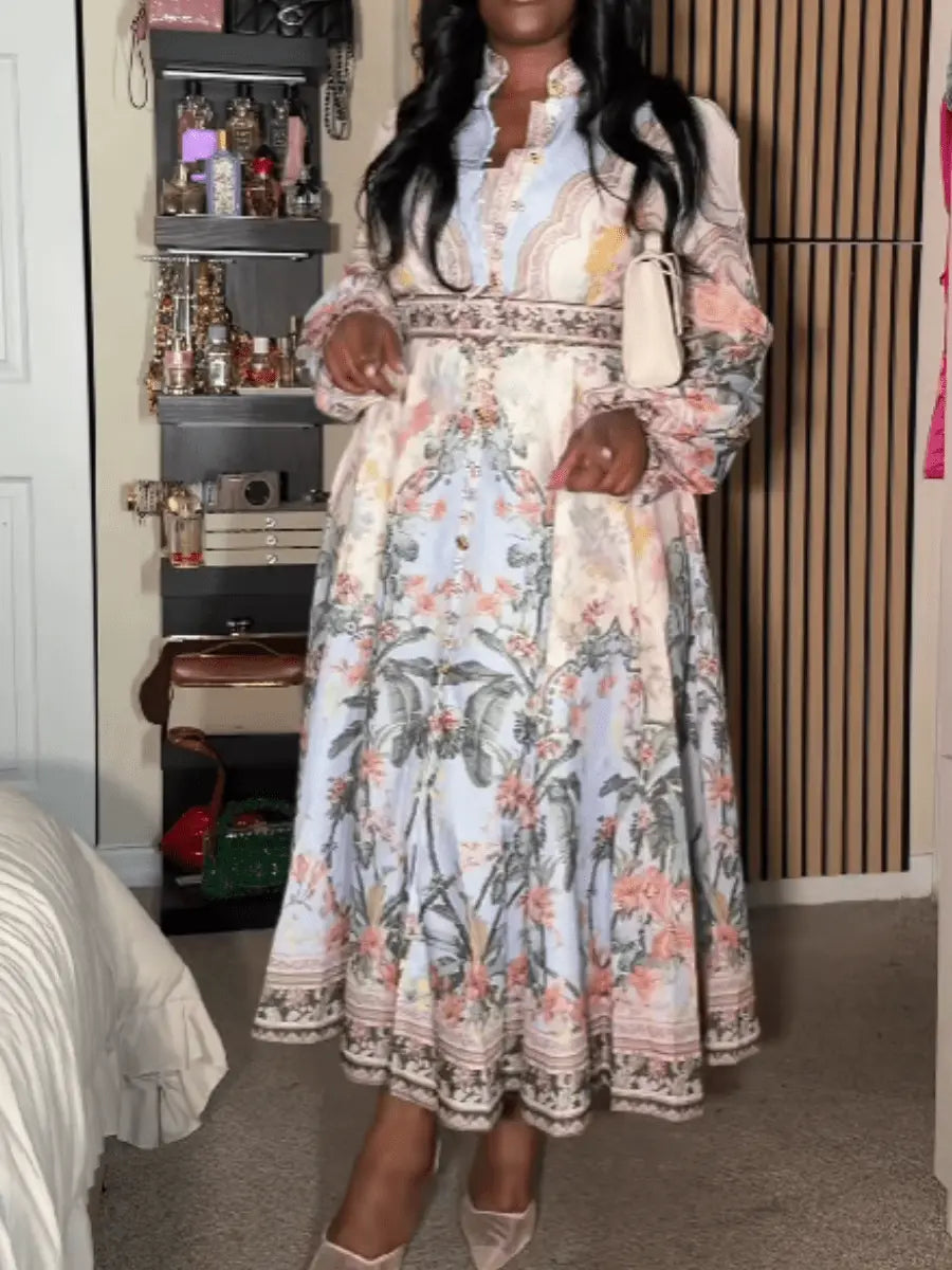 Printed Stand Collar Button Dress - laseze