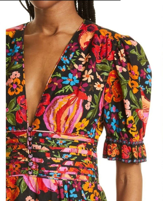 Printed V - neck Puff Sleeve Dress - laseze