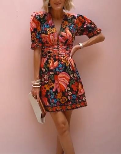 Printed V - neck Puff Sleeve Dress - laseze