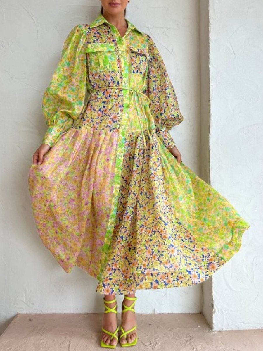 Printing Lantern Sleeve Dress - laseze