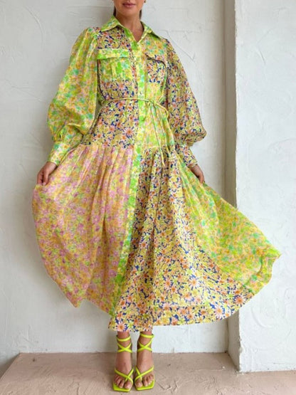 Printing Lantern Sleeve Dress - laseze