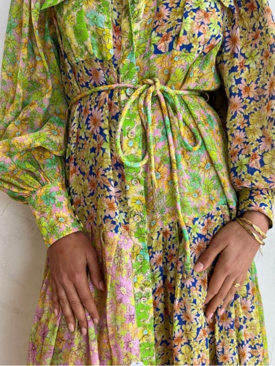 Printing Lantern Sleeve Dress - laseze