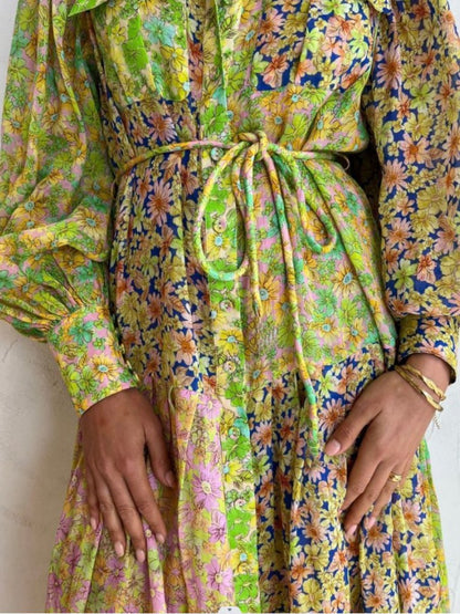 Printing Lantern Sleeve Dress - laseze