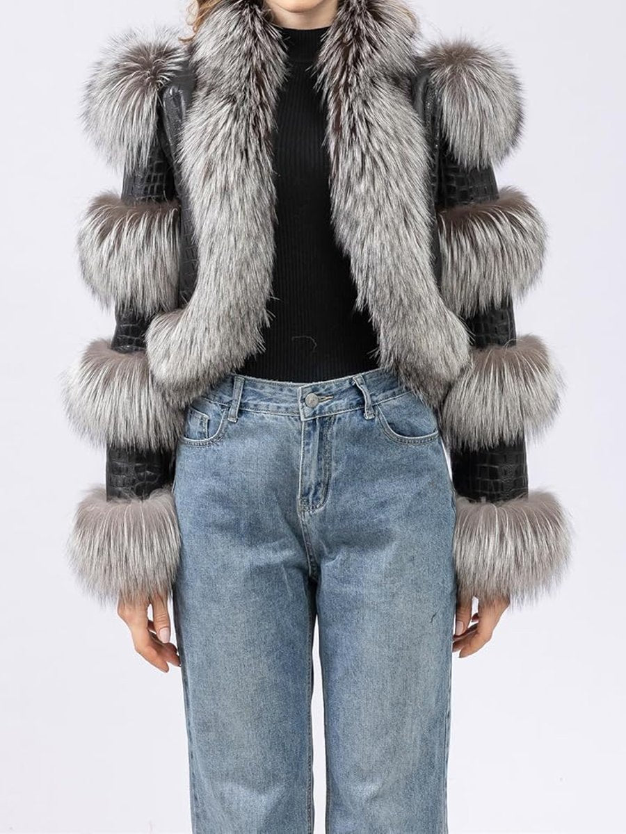 PU Patchwork Faux Fox Fur Coat fashgoods