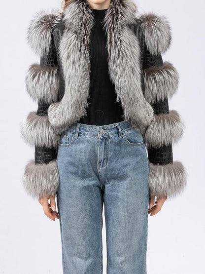 PU Patchwork Faux Fox Fur Coat fashgoods