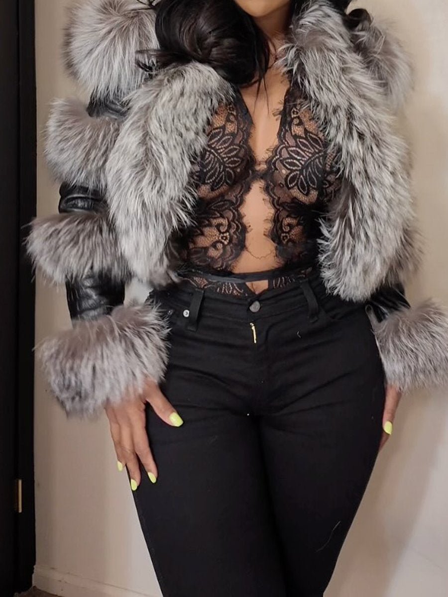 PU Patchwork Faux Fox Fur Coat fashgoods