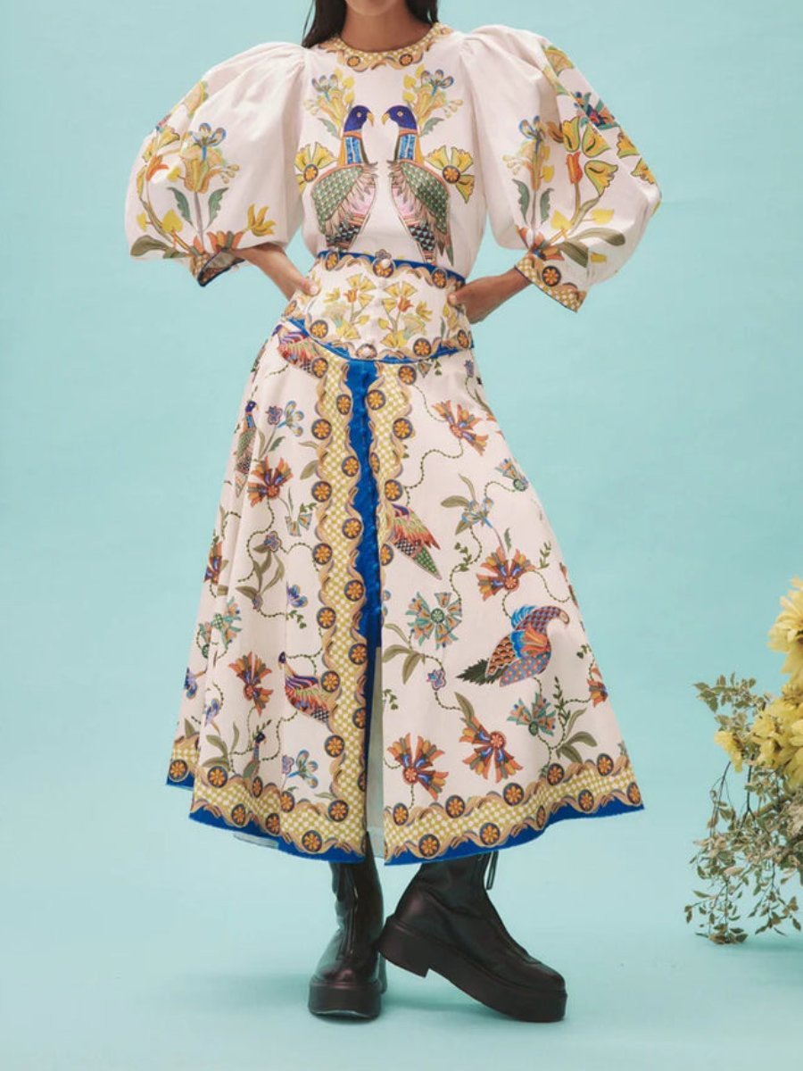 Puff Sleeve Printed Set Dress - laseze