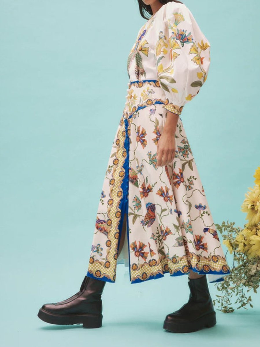 Puff Sleeve Printed Set Dress - laseze