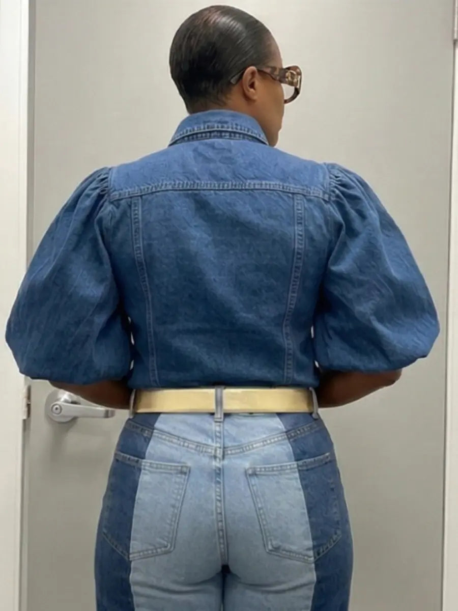 Puffed Sleeve Denim Button - Down Shirt - laseze