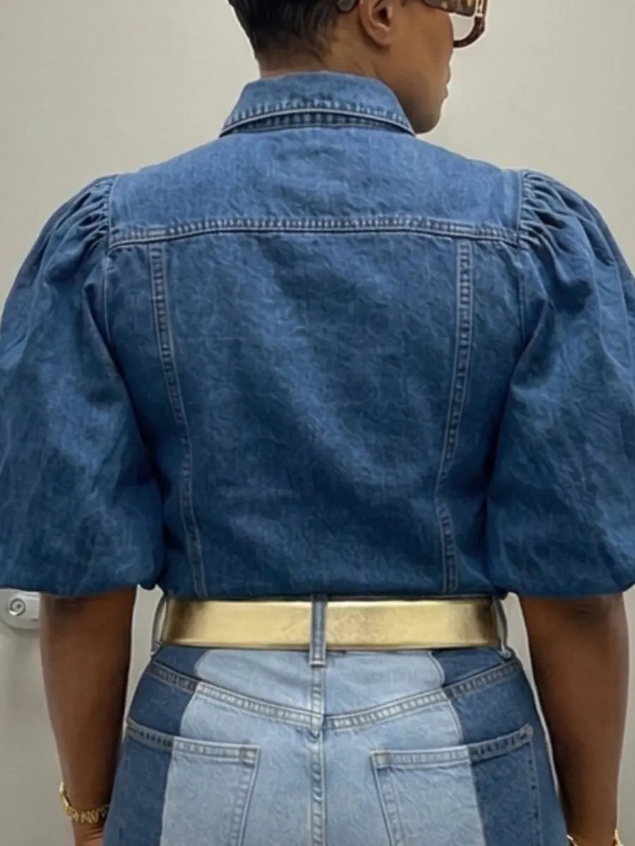 Puffed Sleeve Denim Button - Down Shirt - laseze